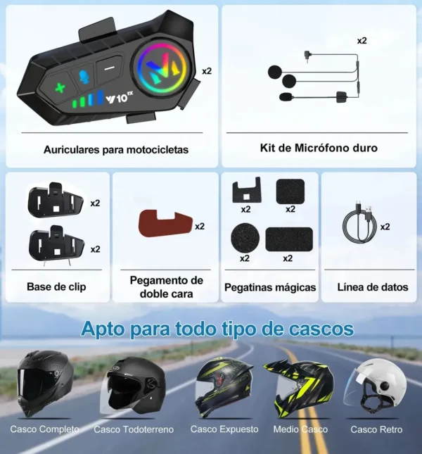 Intercomunicador Para Casco Y10 2x, Bluethooth 5.3